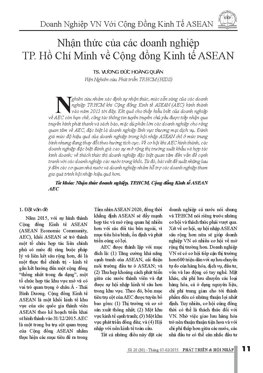 Nhận thức của các doanh nghiệp TP. Hồ Chí Minh về Cộng đồng Kinh tế ASEAN