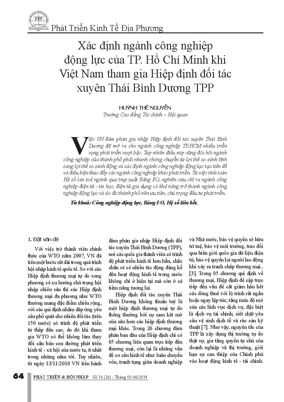 Xác định ngành công nghiệp động lực của TP. Hồ Chí Minh khi Việt Nam tham gia Hiệp định đối tác xuyên Thái Bình Dương TPP