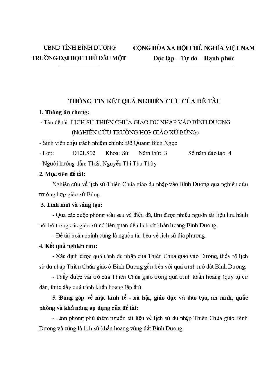 Lịch sử Thiên chúa giáo du nhập vào Bình Dương (Nghiên cứu trường hợp giáo xứ Búng)