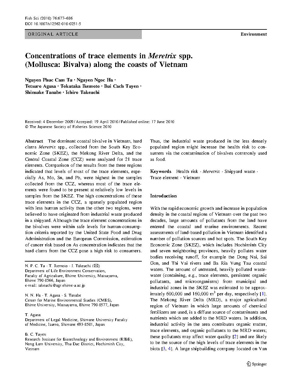 Concentrations of trace elements in Meretrix spp (Mollusca: Bivalva) along the coasts of Vietnam