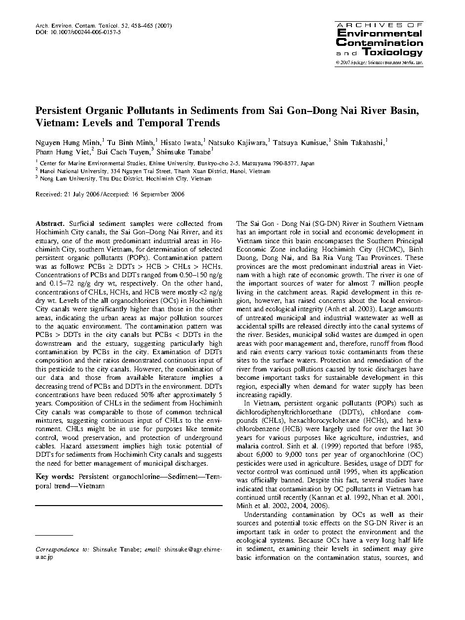 Persistent Organic Pollutants in Sediments from Sai Gonâ€“Dong Nai River Basin, Vietnam: Levels and Temporal Trends