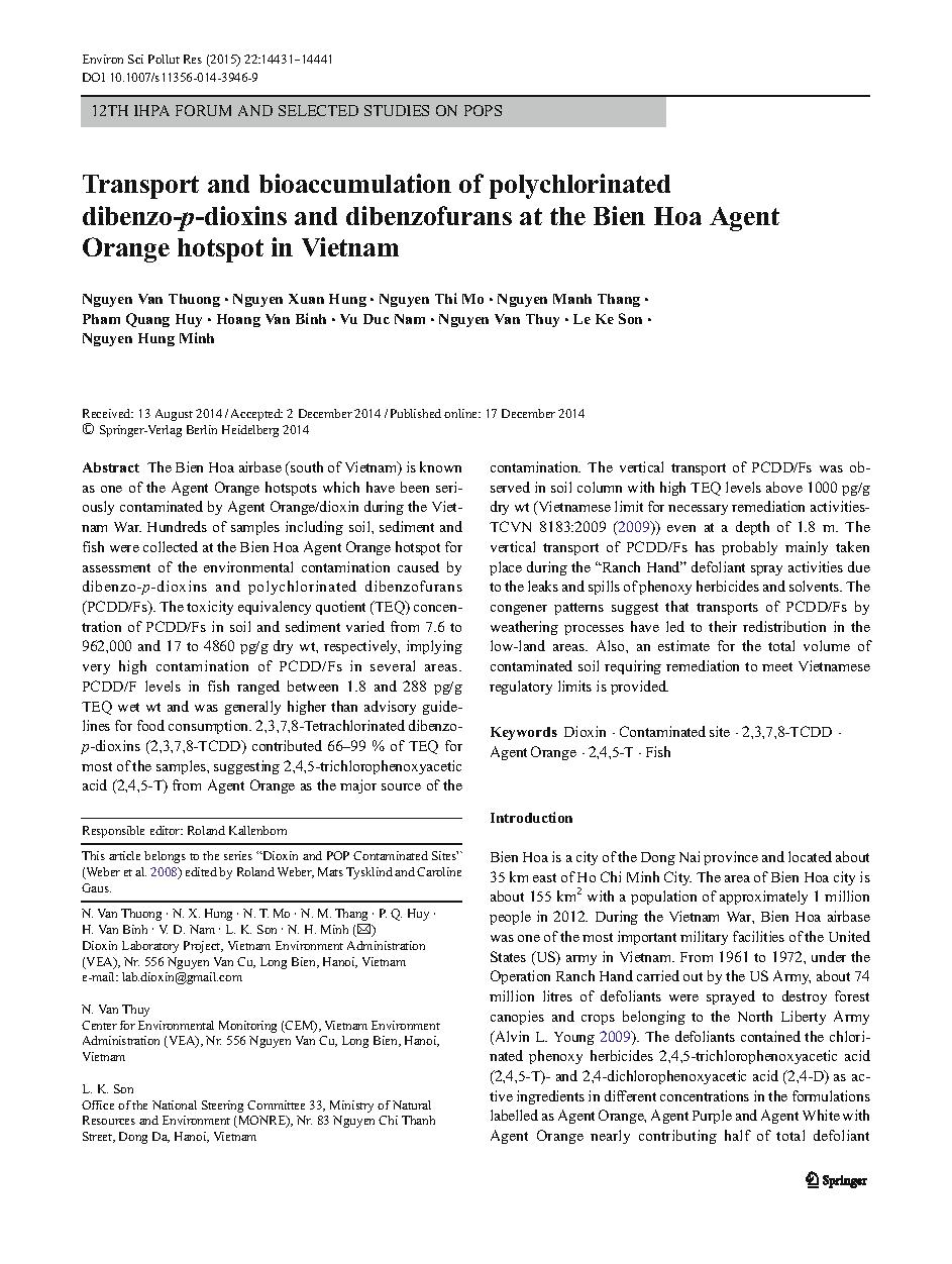 Transport and bioaccumulation of polychlorinated dibenzo-p-dioxins and dibenzofurans at the Bien Hoa Agent Orange hotspot in Vietnam