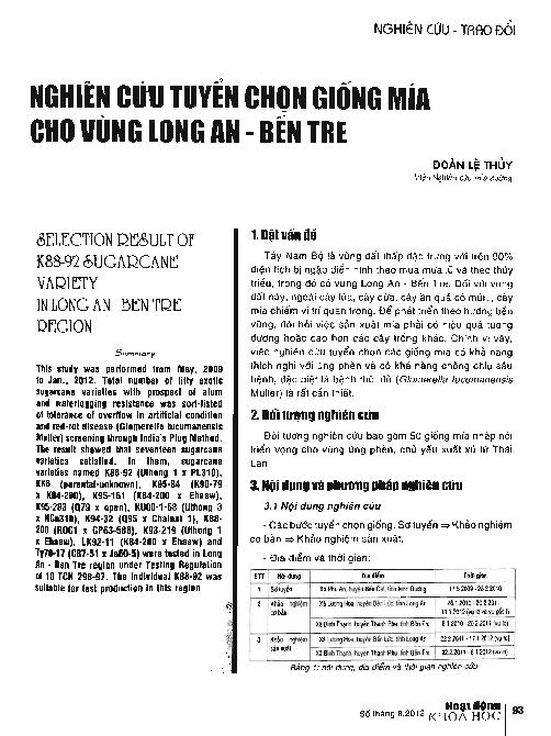 Nghiên cứu tuyển chọn giống mía cho vùng Long An - Bến Tre