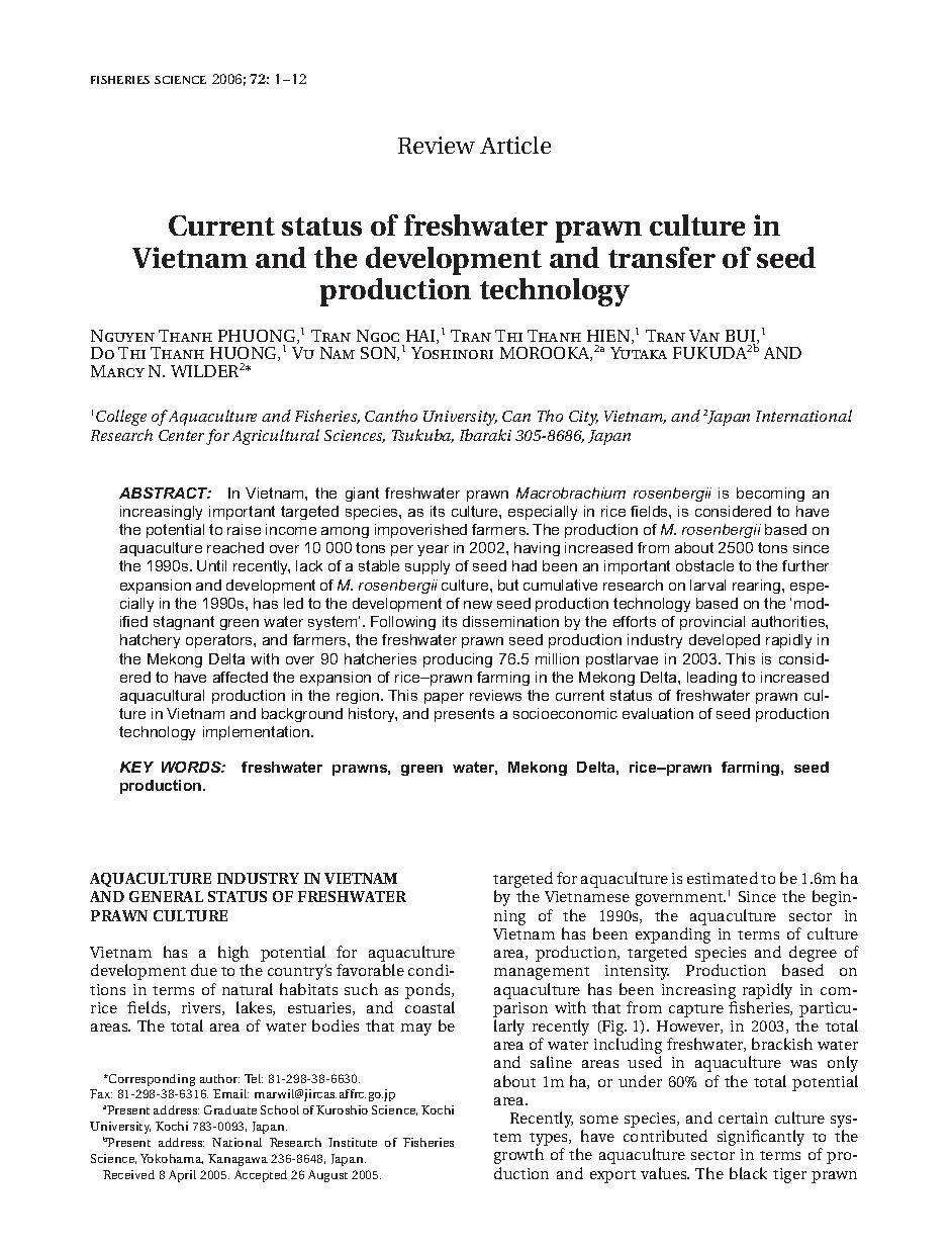 Current status of freshwater prawn culture in Vietnam and the development and transfer of seed production technology	Nguyen, Thanh Phương	freshwater prawns#Green water#Mekong Delta#Riceâ€“prawn farming#Seed production#Thủy hải sản					0				vie	
26154	DHTD