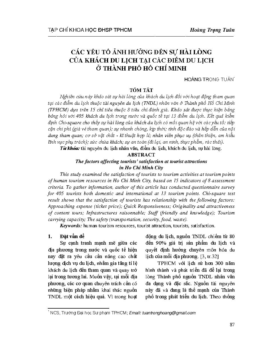 Các yếu tố ảnh hưởng đến sự hài lòng của khách du lịch tại các điểm du lịch ở thành phố Hồ Chí Minh