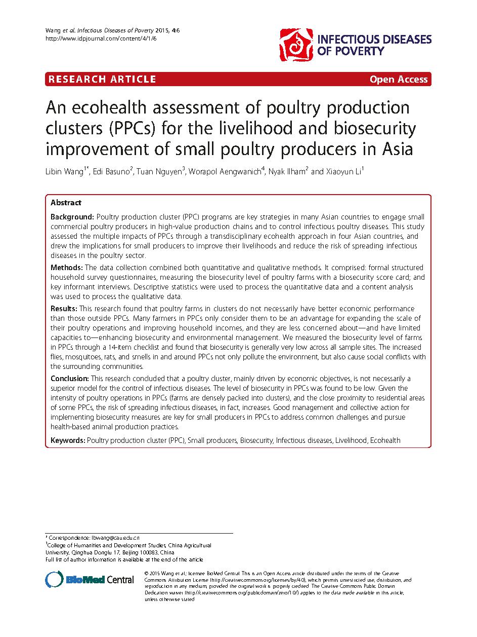 An ecohealth assessment of poultry production clusters (PPCs) for the livelihood and biosecurity improvement of small poultry producers in Asia