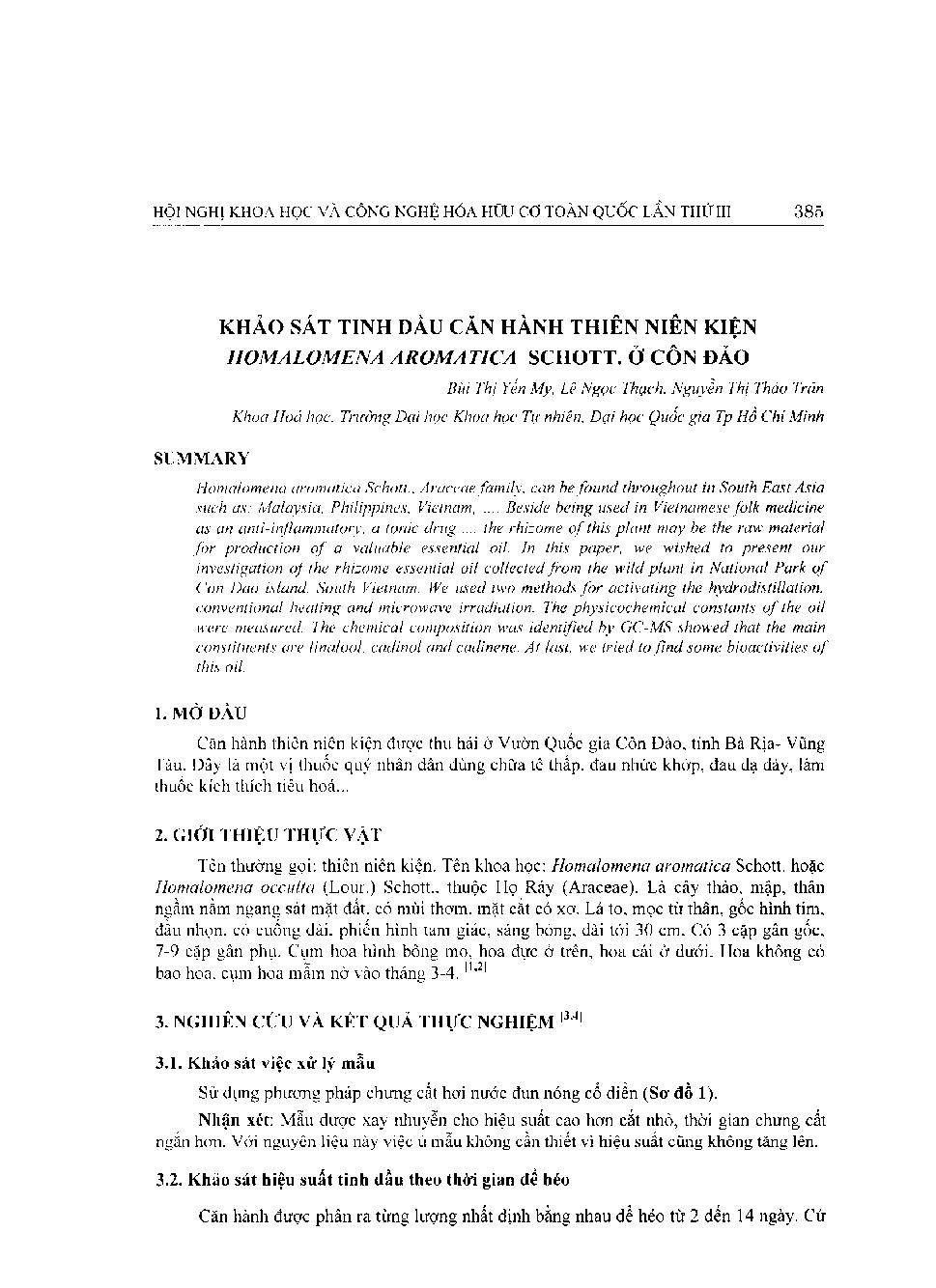 Khảo sát tinh dầu căn hành thiên niên kiện Homalomena aromatica Schott ở Côn Đảo