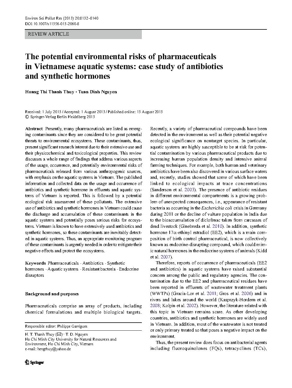 The potential environmental risks of pharmaceuticals in Vietnamese aquatic systems: case study of antibiotics and synthetic hormones