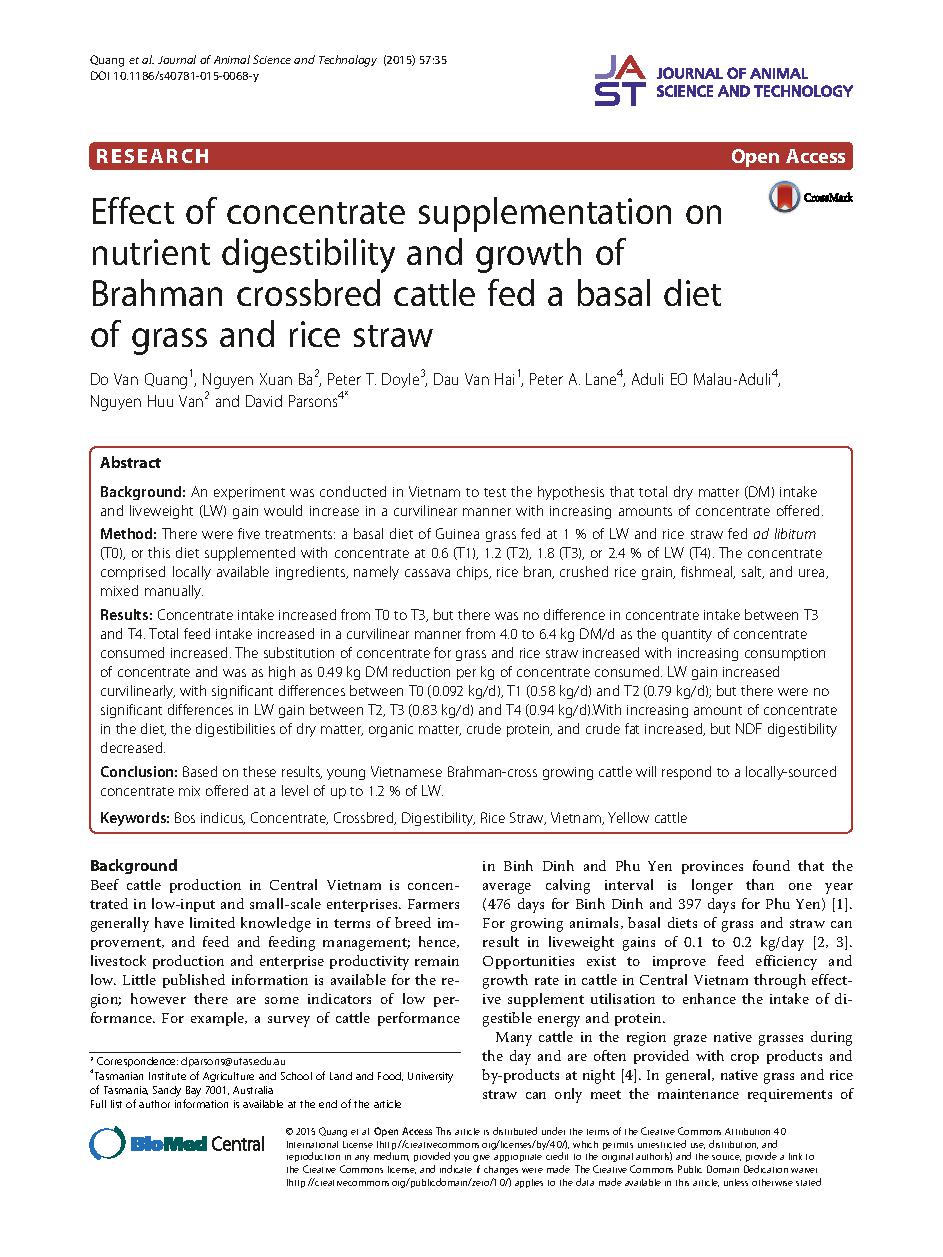 Effect of concentrate supplementation on nutrient digestibility and growth of Brahman crossbred cattle fed a basal diet of grass and rice straw