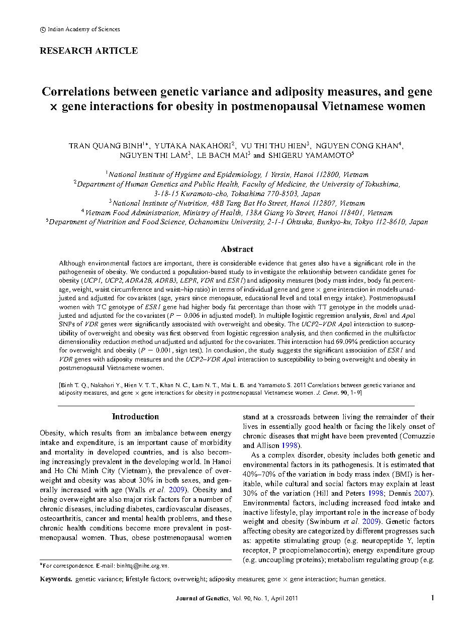 Correlations between genetic variance and adiposity measures, and gene Ã— gene interactions for obesity in postmenopausal Vietnamese women