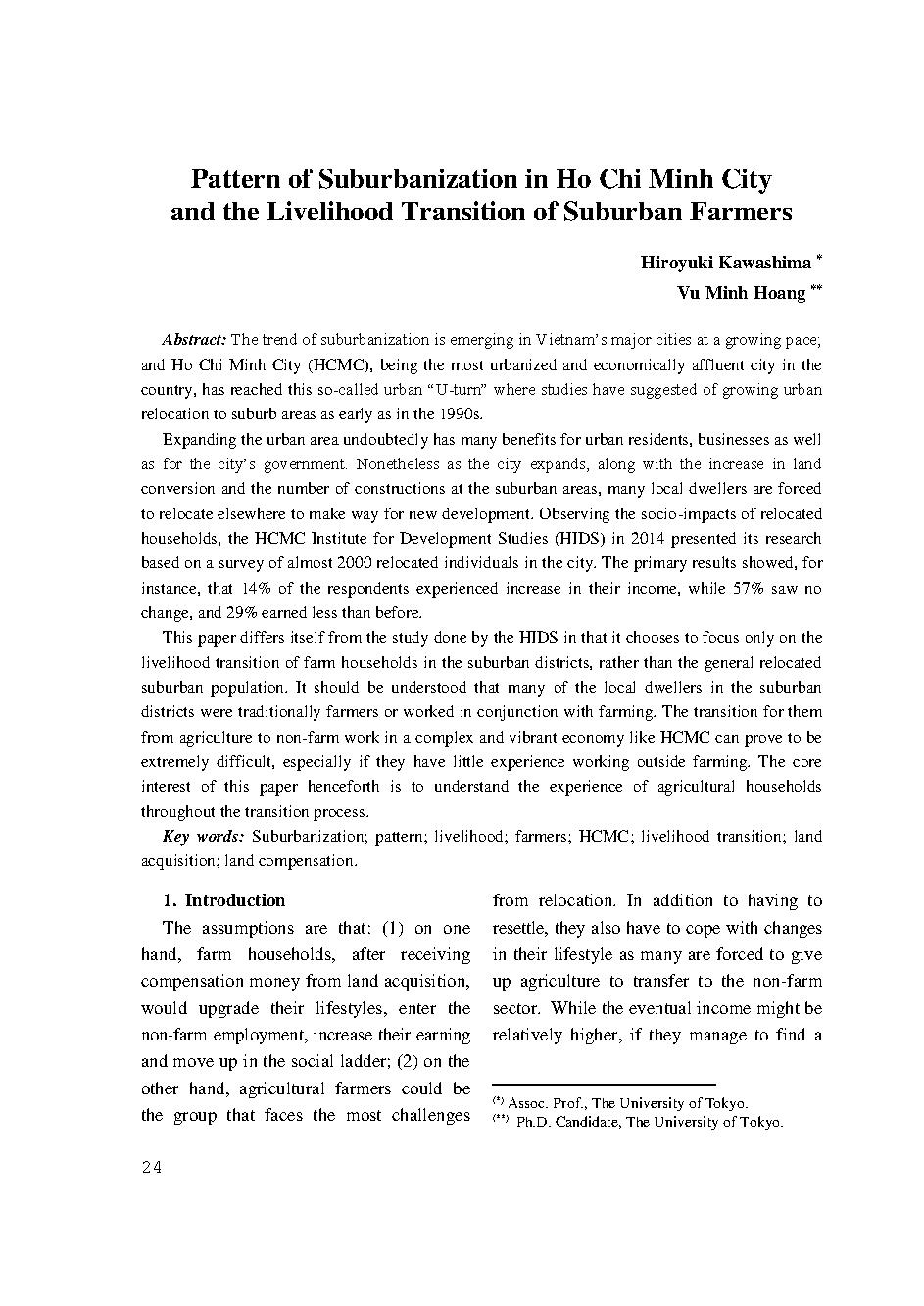 Pattern of Suburbanization in Ho Chi Minh City and the Livelihood Transition of Suburban Farmers