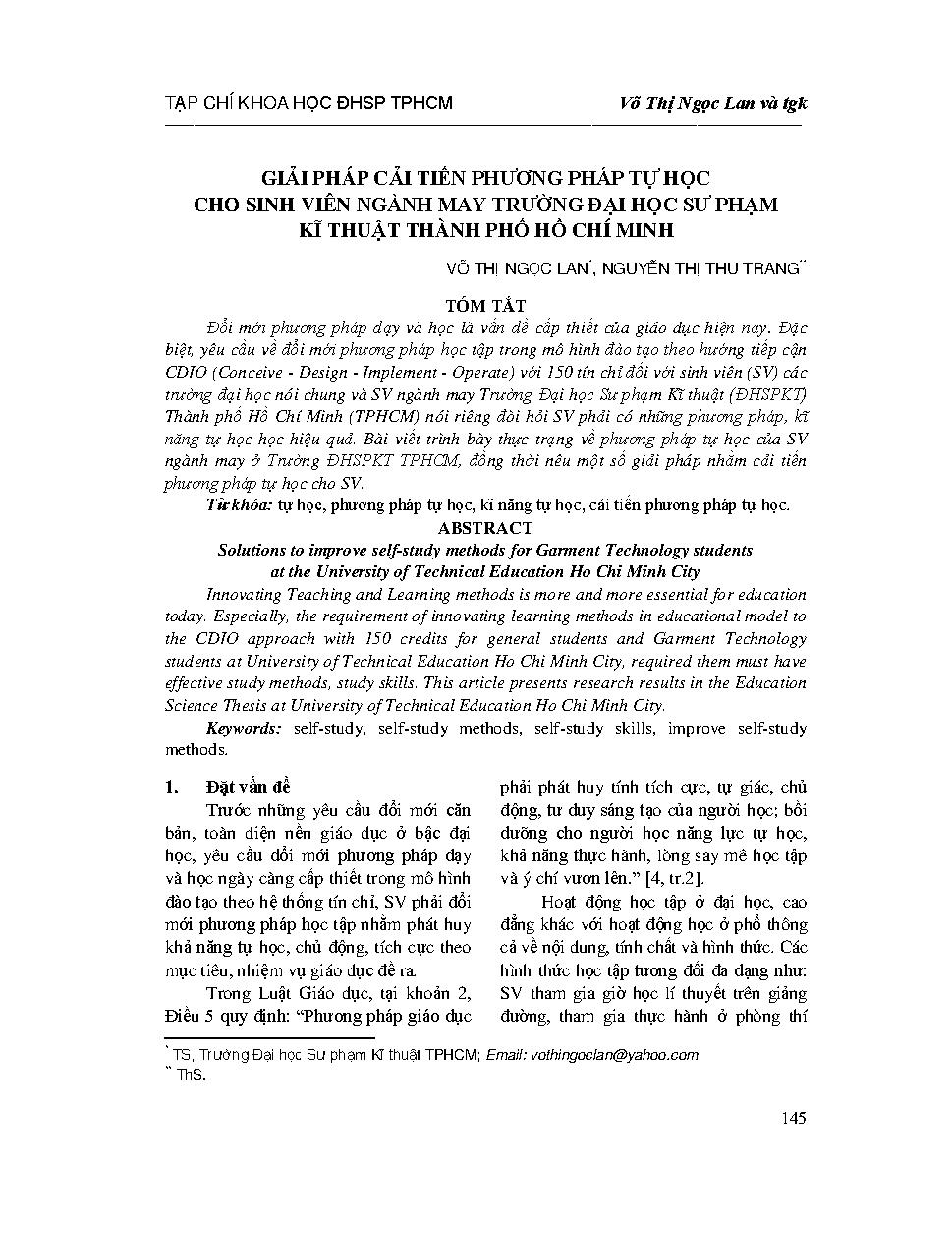 Giải pháp cải tiến phương pháp tự học cho sinh viên ngành may Trường Đại học Sư phạm Kĩ thuật Thành phố Hồ Chí Minh