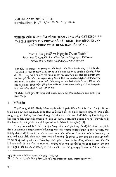 Nghiên cứu đặc điểm cảnh quan vùng đất cát khô hạn tại hai huyện Tuy Phong và Bắc Bình tỉnh Bình Thuận nhằm phục vụ sử dụng đất bền vững