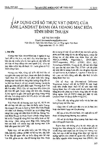 Áp dụng chỉ số thực vật (NDVI) của ảnh Landsat đánh giá hoang mạc hóa tỉnh Bình Thuận