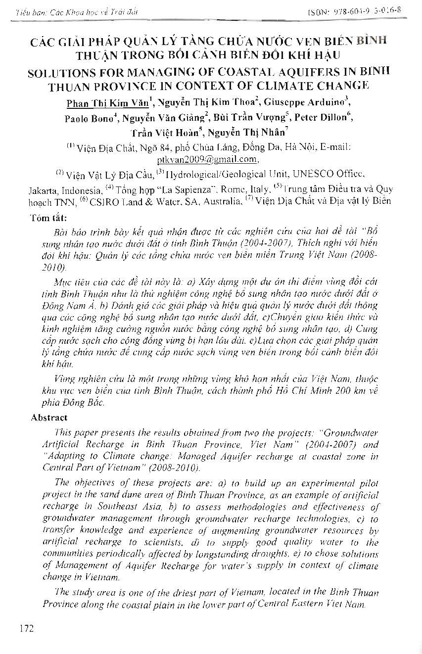 Các giải pháp quản lý tầng chứa nước ven biển Bình Thuận trong bối cảnh biến đổi khí hậu