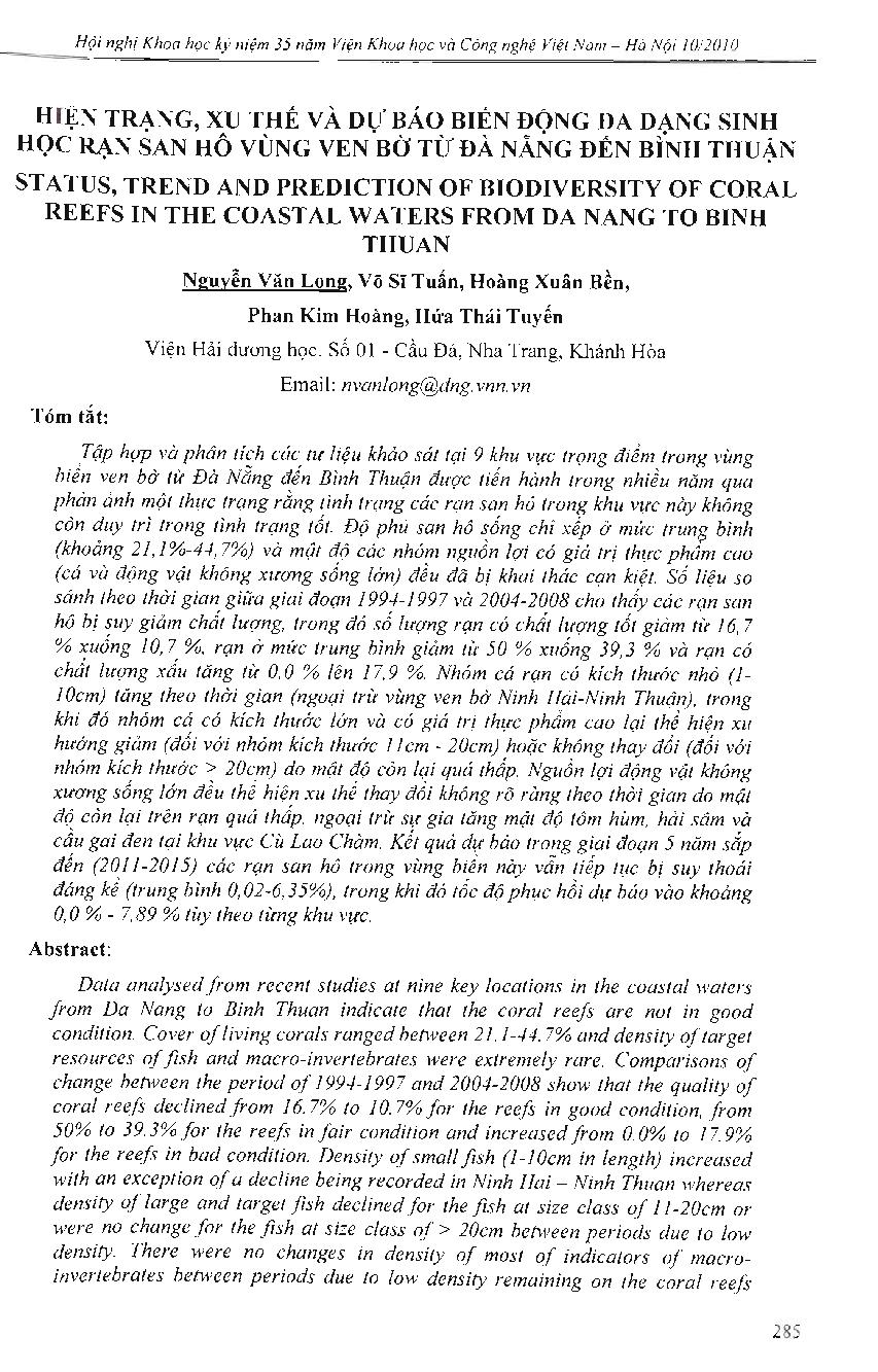 Hiện trạng, xu thế và dự báo biến động đa dạng sinh học rạn san ho vùng ven bờ từ Đà Nẵng đến Bình Thuận