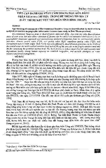 Tiếp cận đánh giá nhạy cảm hoang mạc hóa bằng phân tích đa chỉ tiêu trong hệ thông tin địa lý (lấy thí dụ khu vực ven biển tỉnh Bình Thuận)