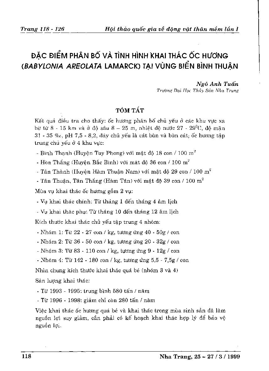 Đặc điểm phân bố và tình hình khai thác ốc hương (Babylonia areolata Lamarck) tại vùng biển Bình Thuận