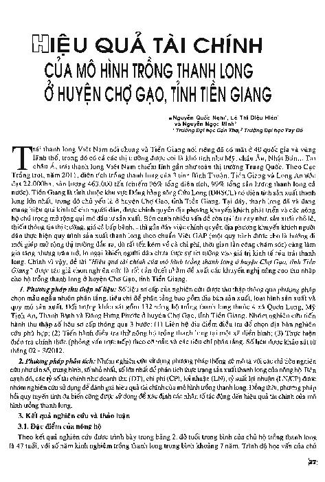 Hiệu quả tài chính của mô hình trồng thanh long ở huyện Chợ Gạo, tỉnh Tiền Giang