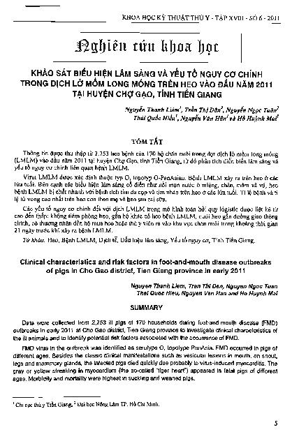 Khảo sát biểu hiện lâm sàng và yếu tố nguy cơ chính trong dịch lở mồm long móng trên heo vào đầu năm 2011 tại huyện Chợ Gạo, tỉnh Tiền Giang