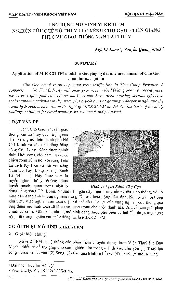 Ứng dụng mô hinh MIKE 21FM nghiên cứu chế độ thuỷ lực kênh Chợ Gạo - Tiền Giang phục vụ giao thông vận tải thuỷ