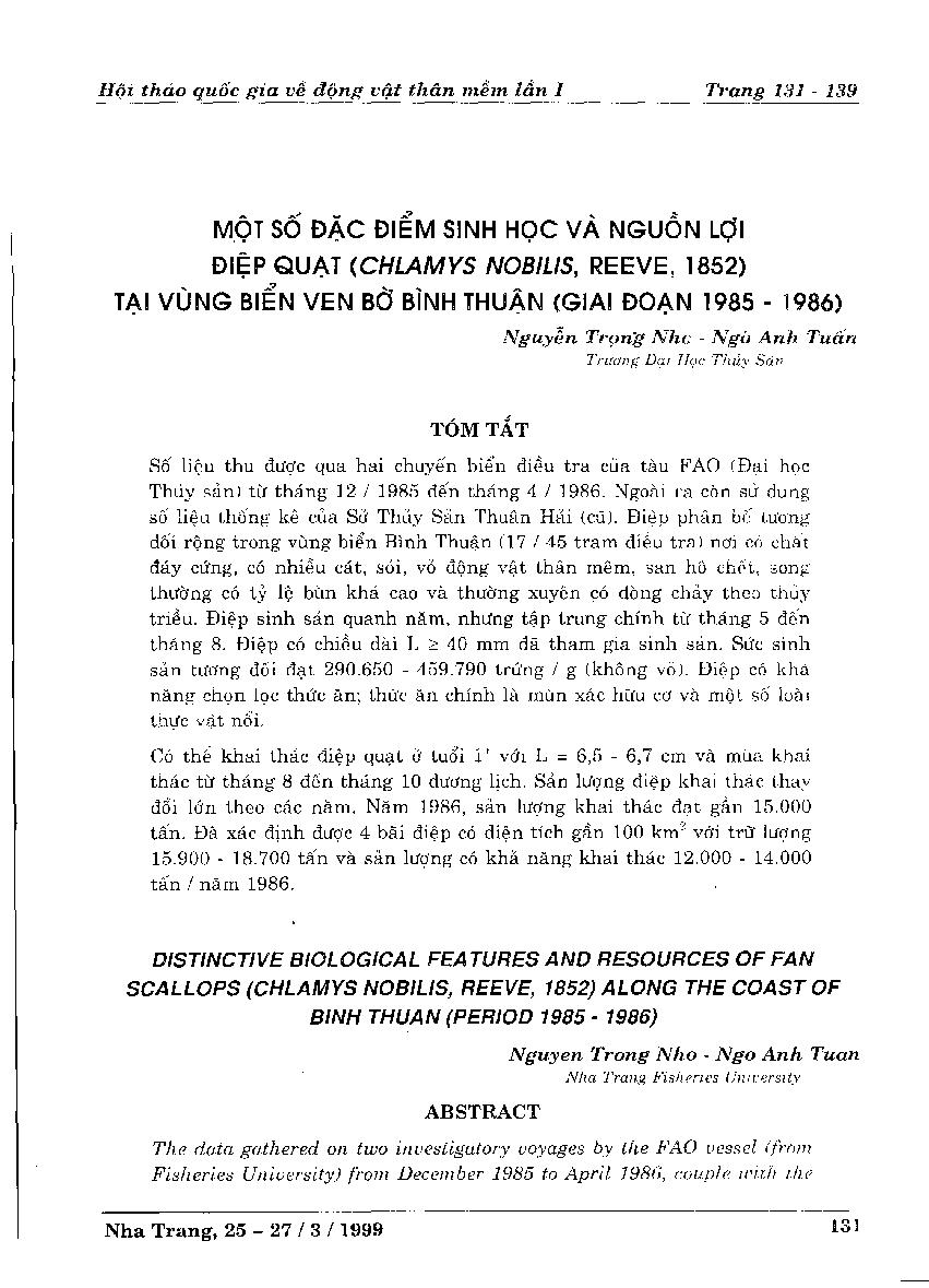 Một số đặc điểm sinh học và nguồn lợi điệp quạt (Chlamys nobilis, Reeve 1852) tại vùng biển ven bờ Bình Thuận (giai đoạn 1985 â€“ 1986)