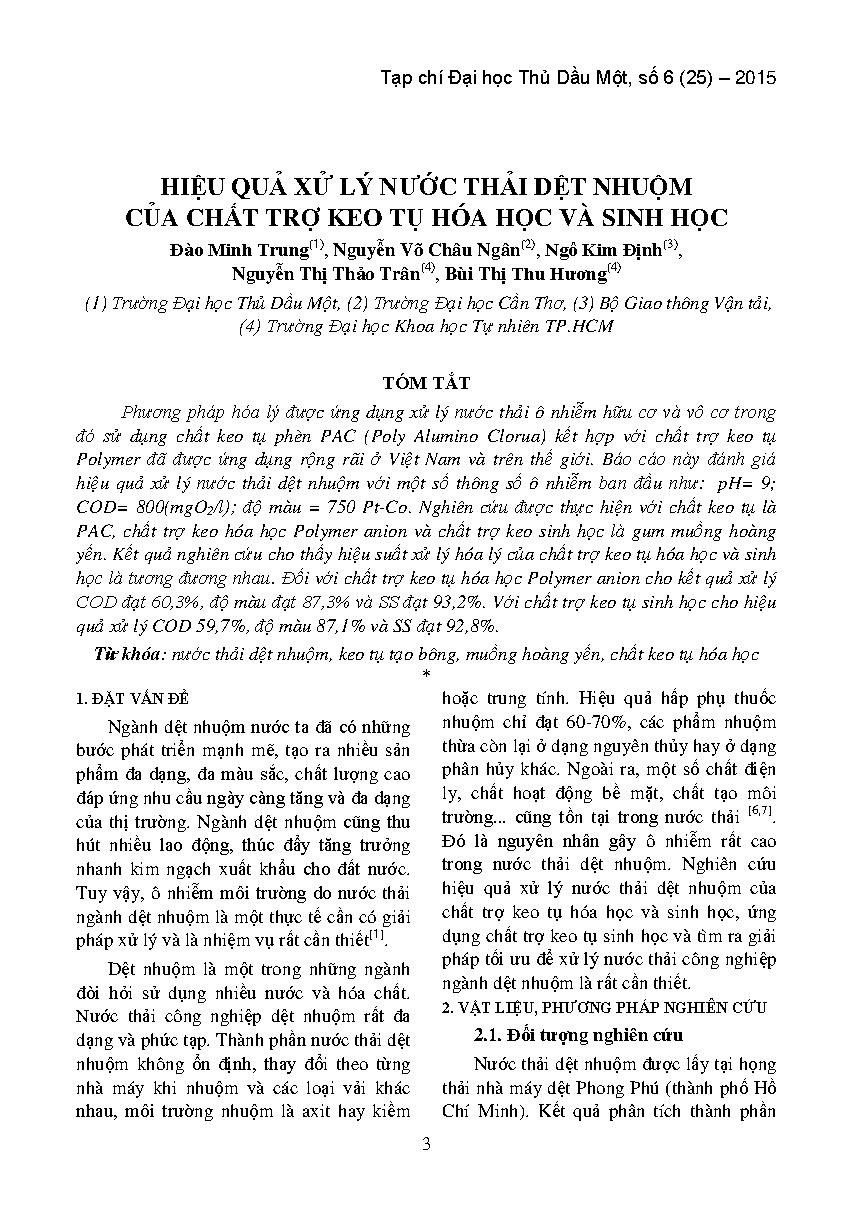 Hiệu quả xử lý nước thải dệt nhuộm của chất trợ keo tụ hóa học và sinh học