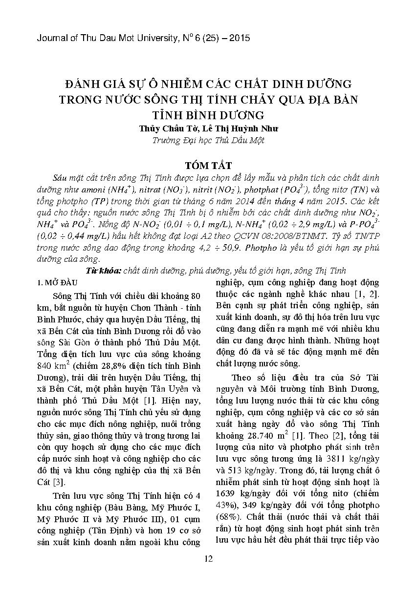 Đánh giá sự ô nhiễm các chất dinh dưỡng trong nước sông thị tính chảy qua địa bàn tỉnh Bình Dương