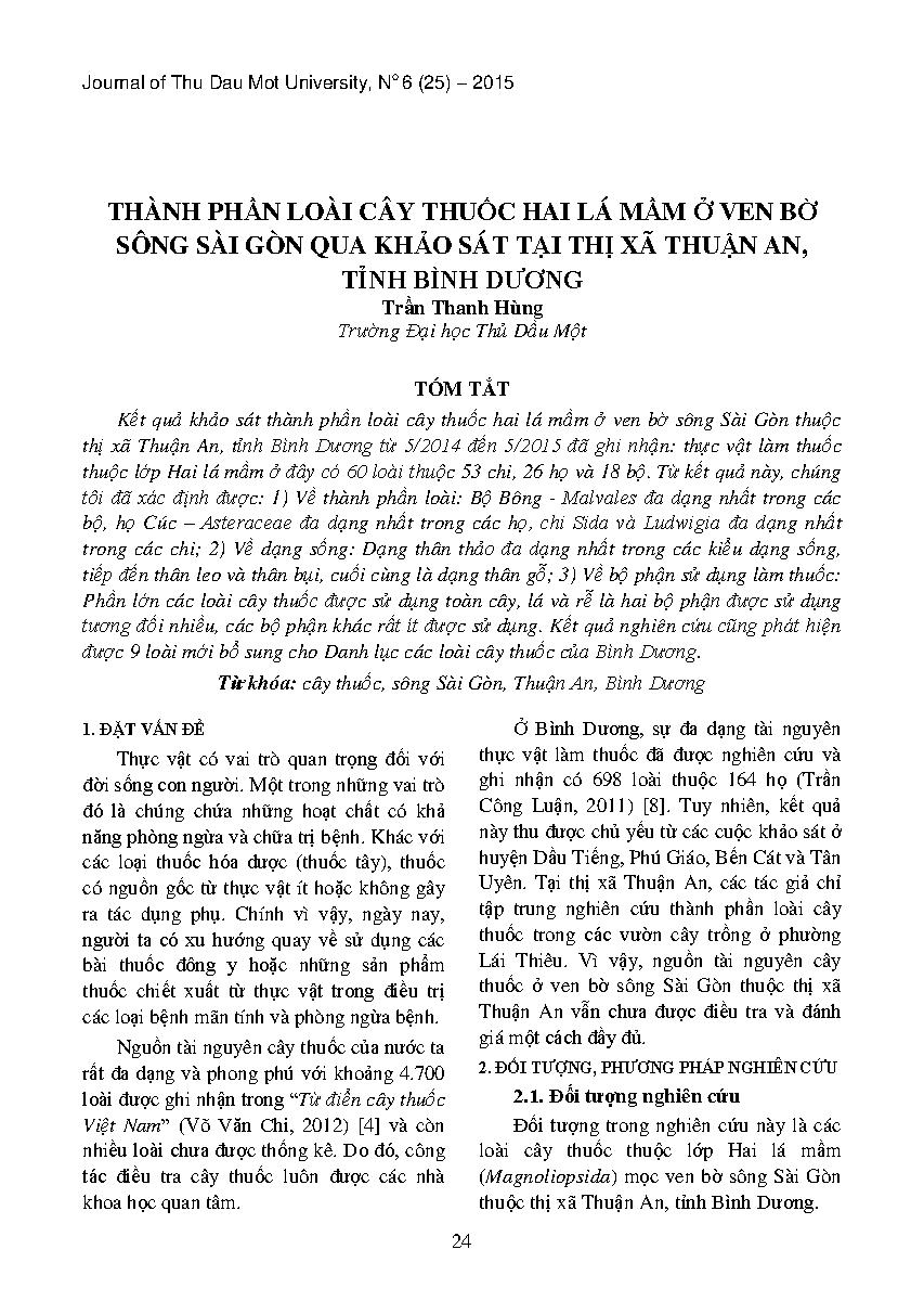 Thành phần loài cây thuốc hai lá mầm ở ven bờ sông Sài Gòn qua khảo sát tại thị xã Thuận An, tỉnh Bình Dương