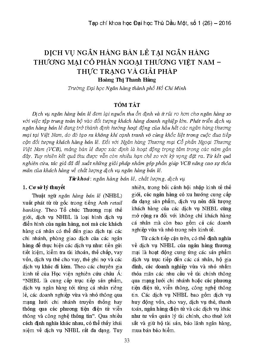 Dịch vụ ngân hàng bán lẻ tại ngân hàng thương mại cổ phần ngoại thương Việt Nam - thực trạng và giải pháp