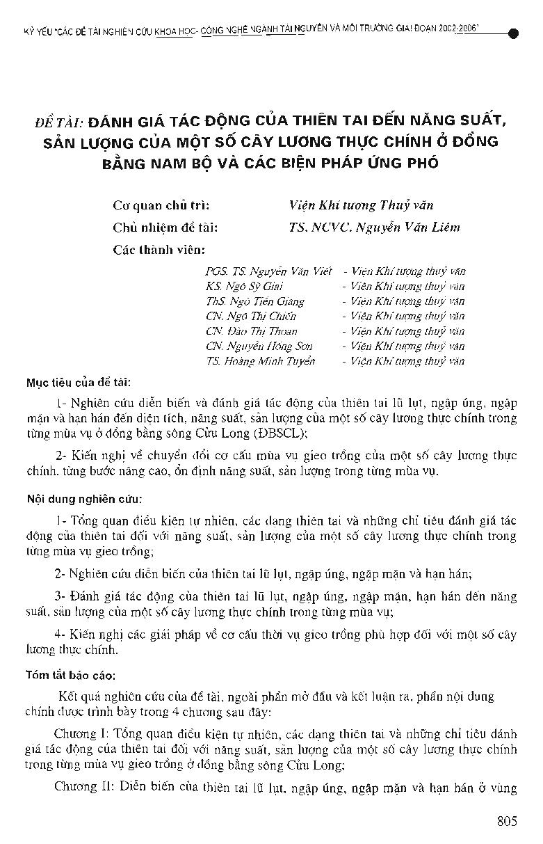 Đánh giá tác động của thiên tai đến năng suất sản lượng của một số cây lương thực chính ở đồng bằng Nam Bộ và các biện pháp ứng phó