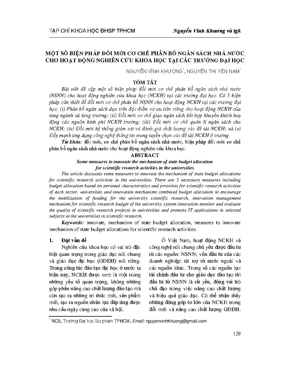 Một số biện pháp đổi mới cơ chế phân bổ ngân sách nhà nước cho hoạt động nghiên cứu khoa học tại các trường đại học