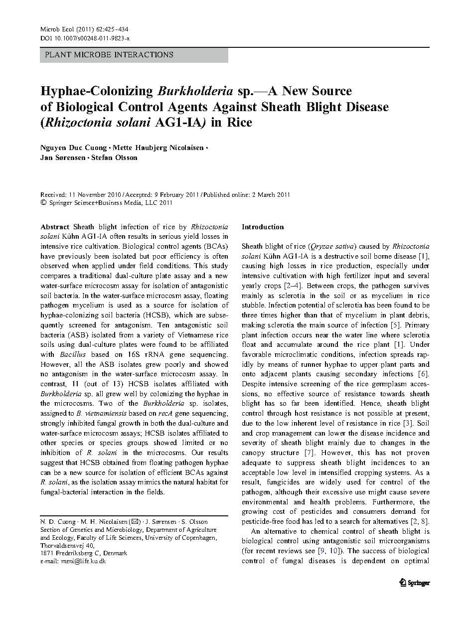 Hyphae-Colonizing Burkholderia sp.â€”A New Source of Biological Control Agents Against Sheath Blight Disease (Rhizoctonia solani AG1-IA) in Rice