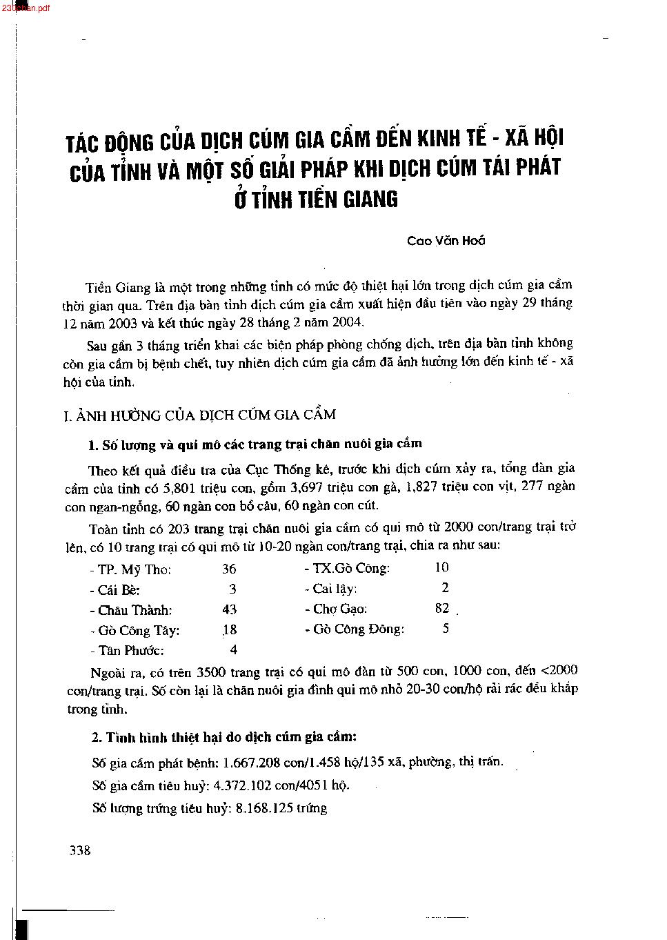 Tác động của dịch cúm gia cầm đến kinh tế-xã hội của tỉnh và một số giải pháp khi dịch cúm tái phát ở tỉnh Tiền Giang