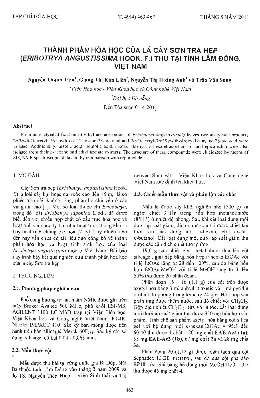 Thành phần hóa học của lá cây sơn trà hẹp (Eribotrya Angustissima Hook. F) thu tại tỉnh Lâm Đồng, Việt Nam