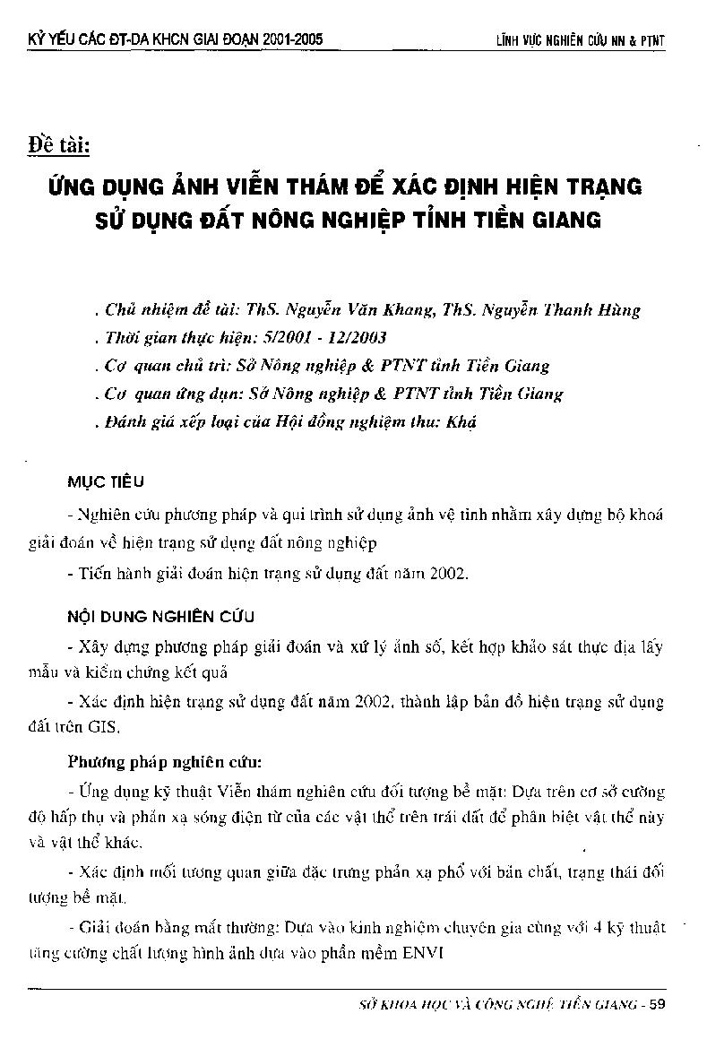 Ứng dụng ảnh viễn thám để xác định hiện trạng sử dụng đất nông nghiệp tỉnh Tiền Giang