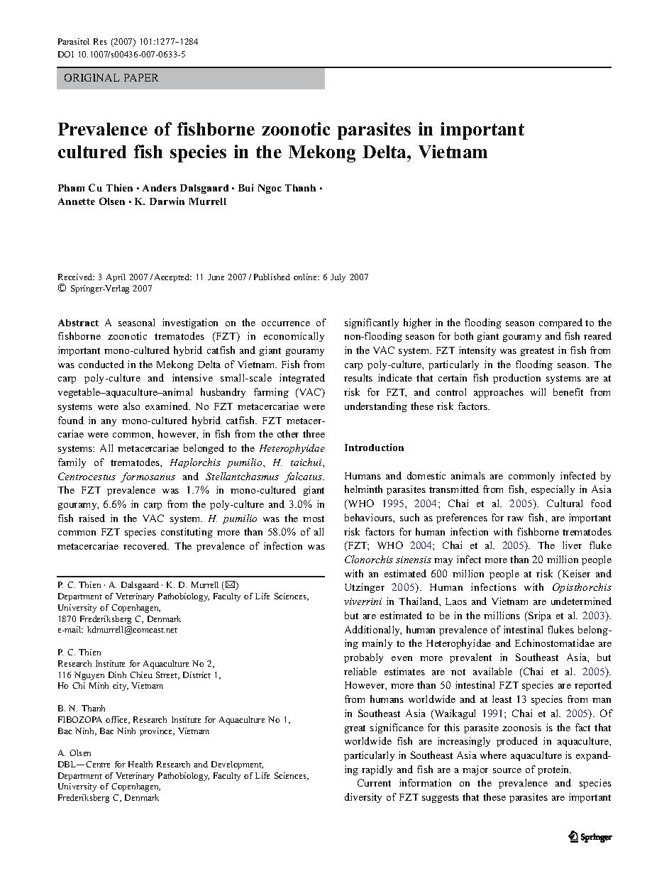 Prevalence of fishborne zoonotic parasites in important cultured fish species in the Mekong Delta, Vietnam	Pham, Cu Thien	Thủy hải sản#Cultured fish species#fishborne zoonotic parasites#Viet Nam	Original Paper;Nguồn: Springer-Verlag 2007				0				vie	
2716