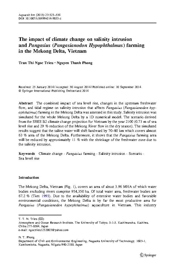 The impact of climate change on salinity intrusion and Pangasius (Pangasianodon Hypophthalmus) farming in the Mekong Delta, Vietnam