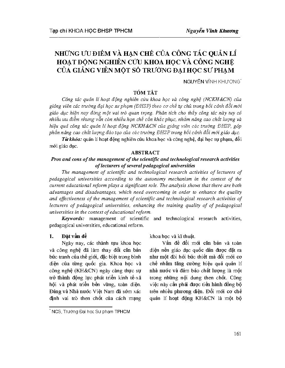 Những ưu điểm và hạn chế của công tác quản lí hoạt động nghiên cứu khoa học và công nghệ của giảng viên một số trường đại học sư phạm