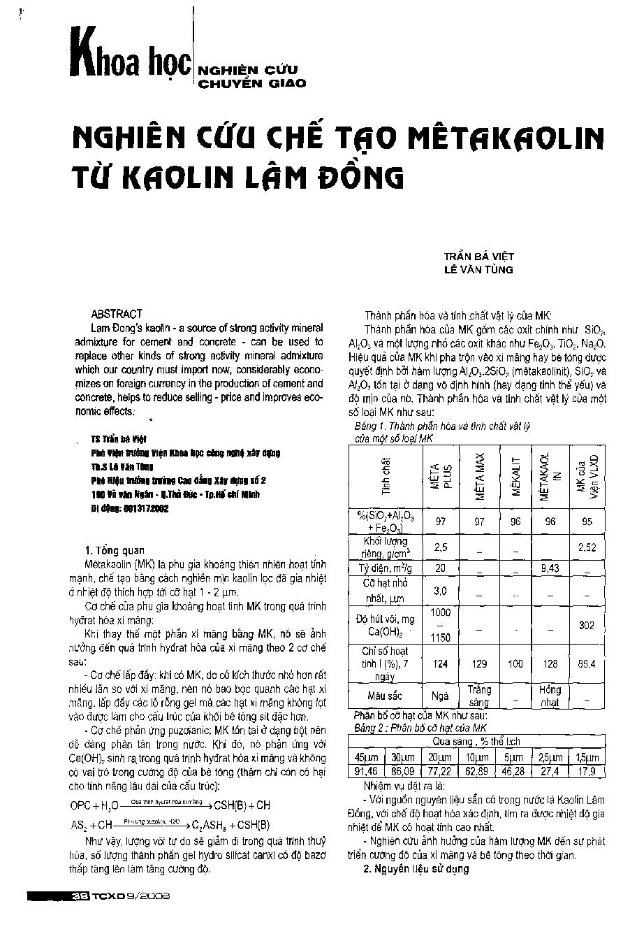 Nghiên cứu chế tạo mêtakaolin từ kaolin Lâm Đồng