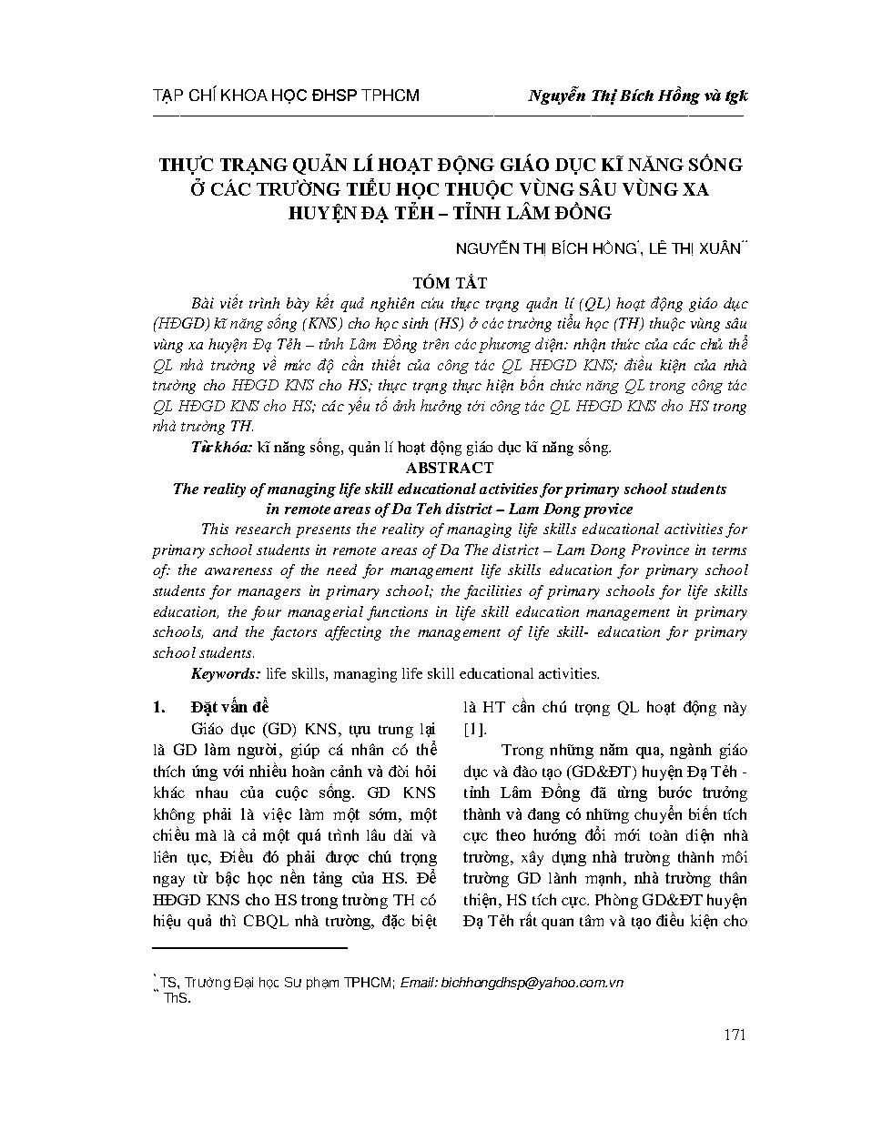 Thực trạng quản lí hoạt động giáo dục kỹ năng sống ở các trường tiểu học thuộc vùng sâu vùng xa huyện Đạ Tẻh - tỉnh Lâm Đồng