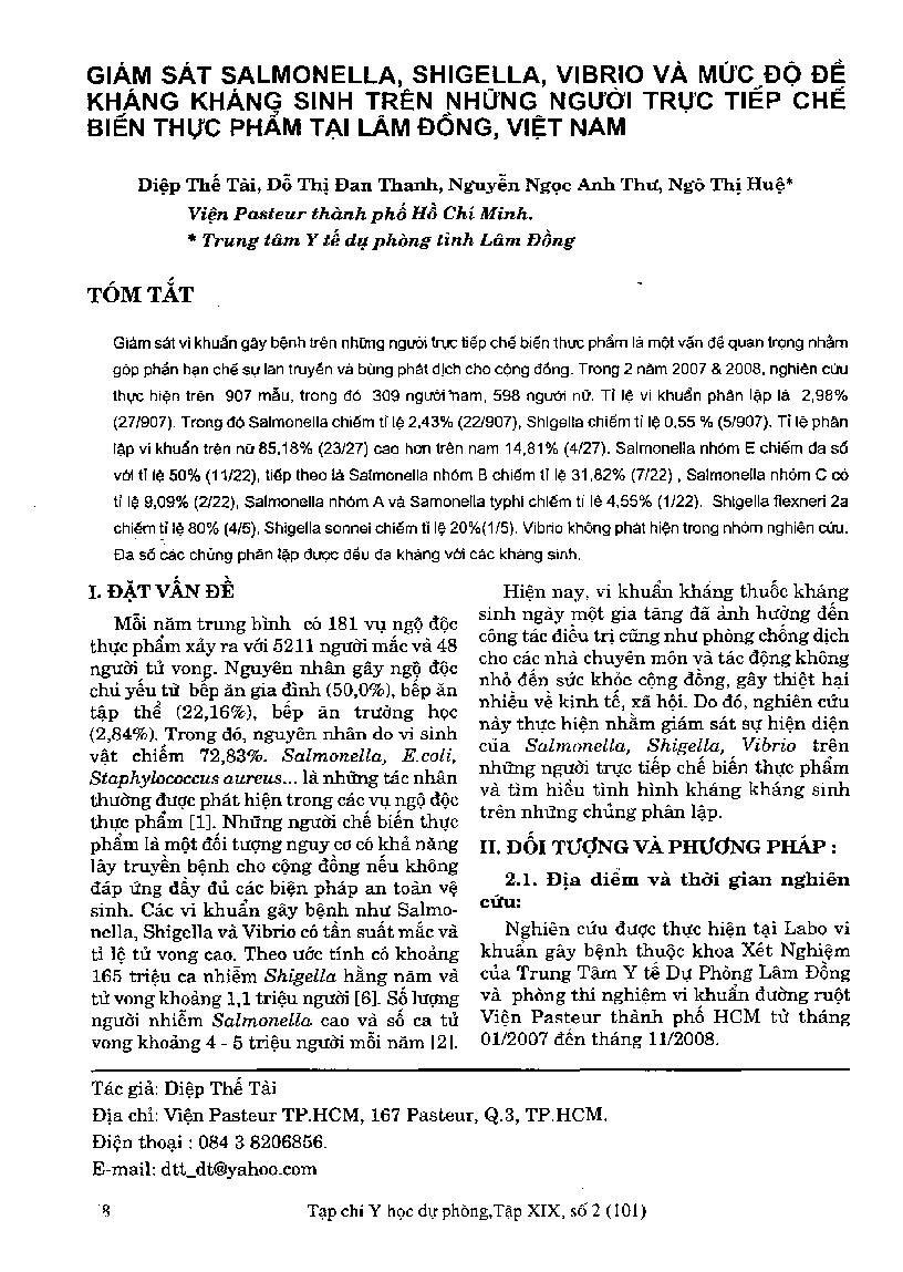 Giám sát Salmonella, Shigella, Vibrio và mức độ đề kháng kháng sinh trên những người trực tiếp chế biến thực phẩm tại Lâm ĐồngGiám sát Salmonella, Shigella, Vibrio và mức độ đề kháng kháng sinh trên những người trực tiếp chế biến thực phẩm tại Lâm Đồng