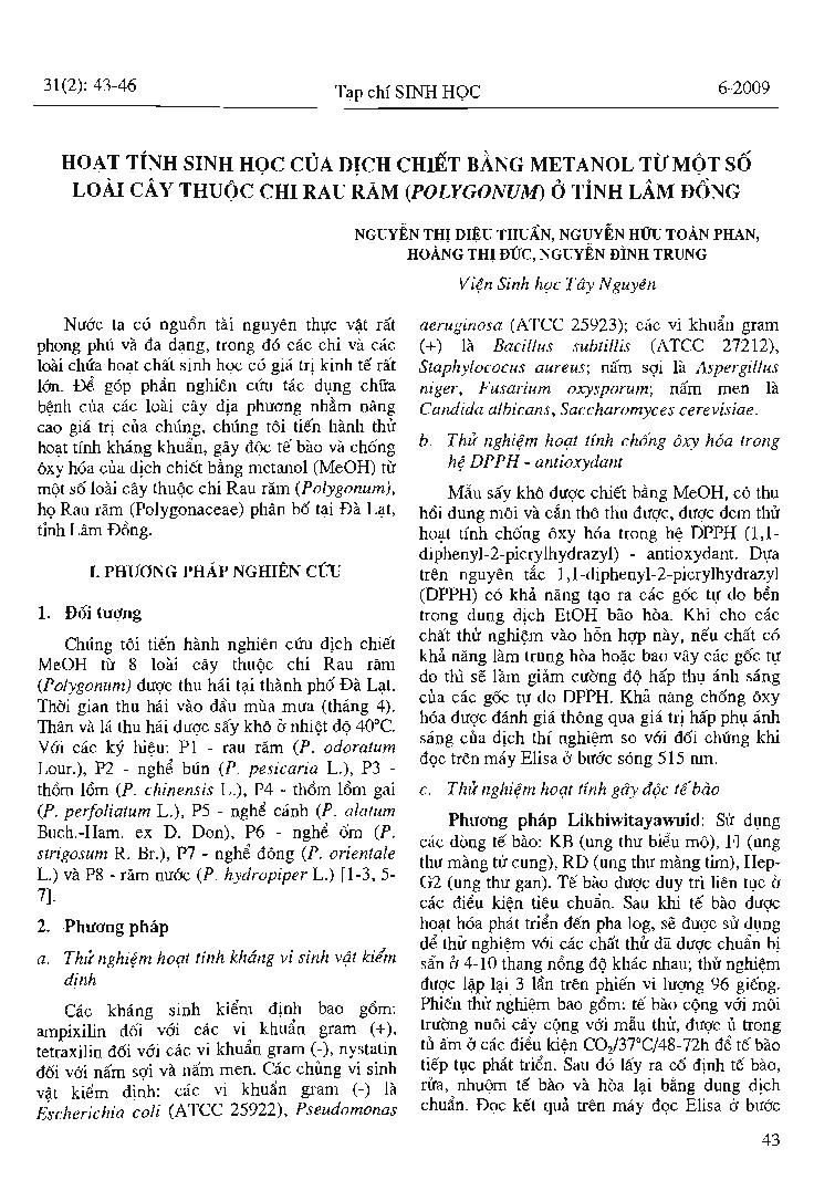 Hoạt tính sinh học của dịch chiết bằng Metanol từ một số loài cây thuộc chi rau răm (Polygonum) ở tỉnh Lâm Đồng