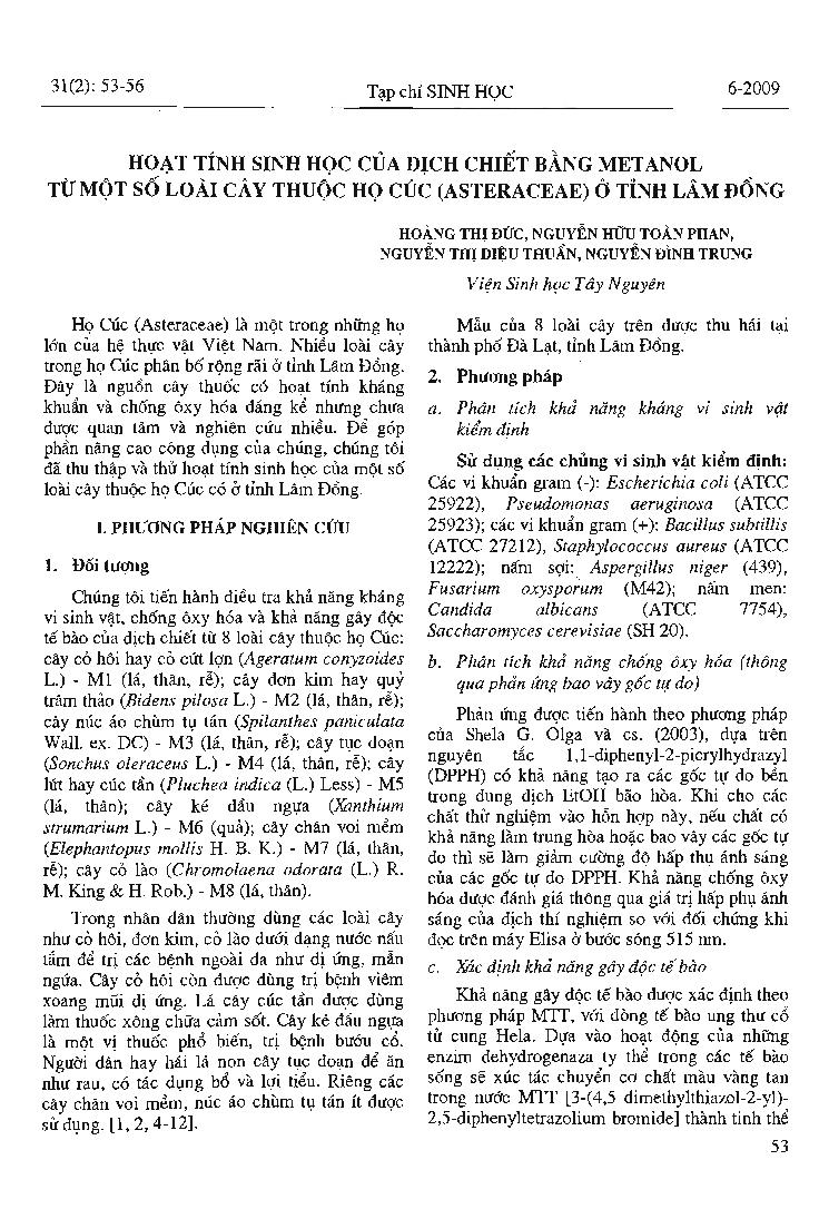 Hoạt tính sinh học của dịch chiết bằng Metanol từ một số cây thuộc họ cúc (Asteraceae) ở tỉnh Lâm Đồng