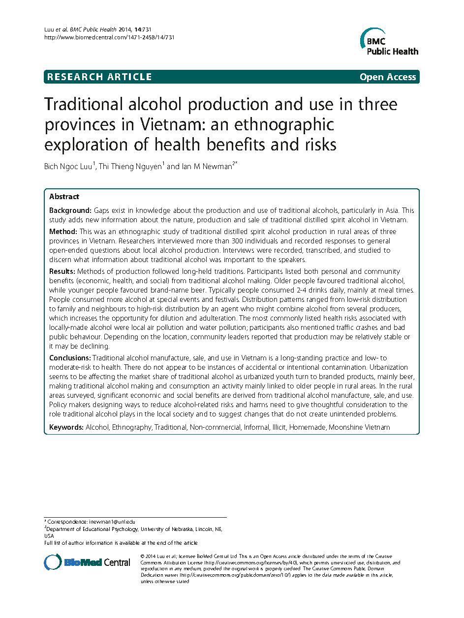 Traditional alcohol production and use in three provinces in Vietnam: an ethnographic exploration of health benefits and risks