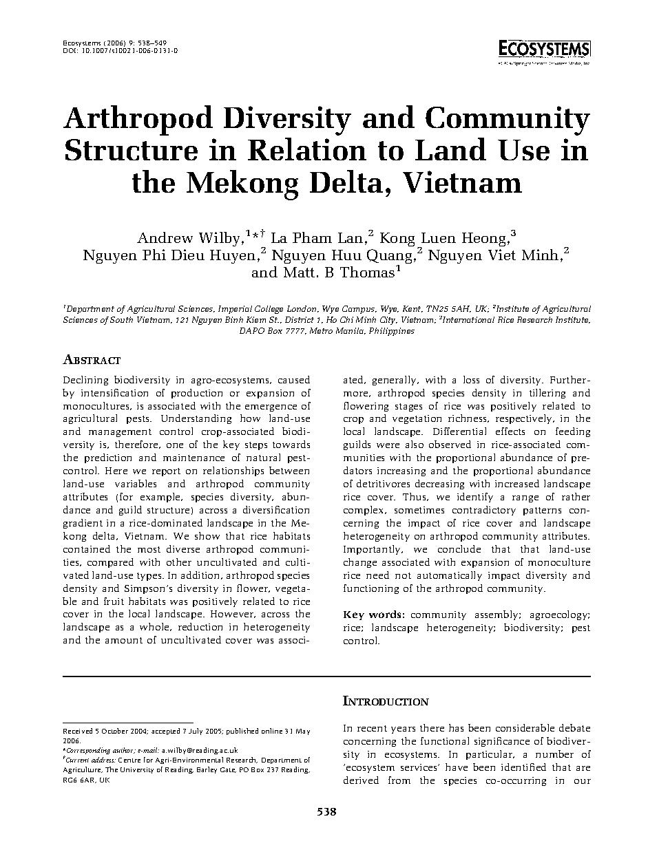 Arthropod Diversity and Community Structure in Relation to Land Use in the Mekong Delta, Vietnam