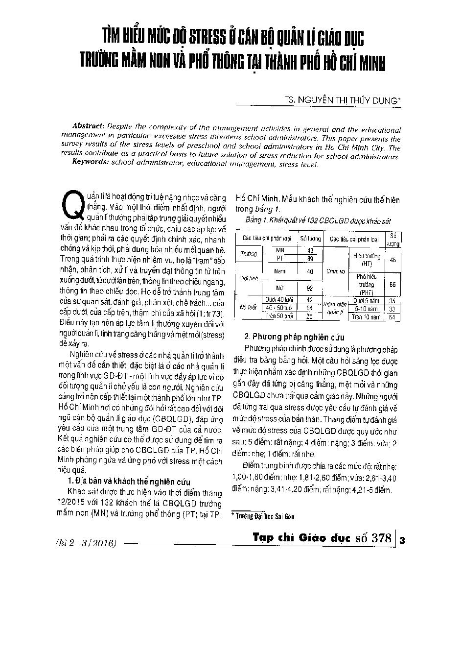 Tìm hiểu mức độ Stress ở cán bộ quản lý giáo dục trường mầm non và phổ thông tại thành phố Hồ Chí Minh
