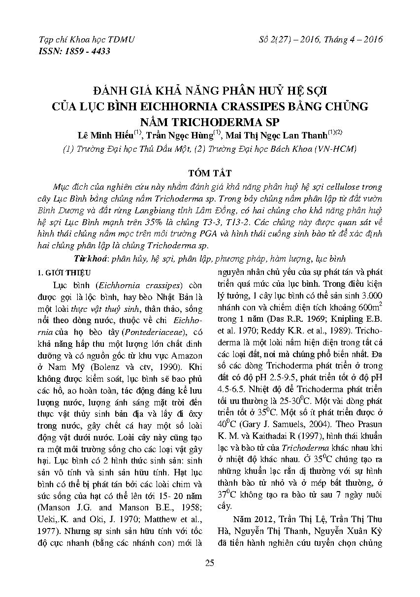 Đánh giá khả năng phân hủy sợi của lục bình Eichhornia crassipes bằng chủng nấm Trichoderma SP