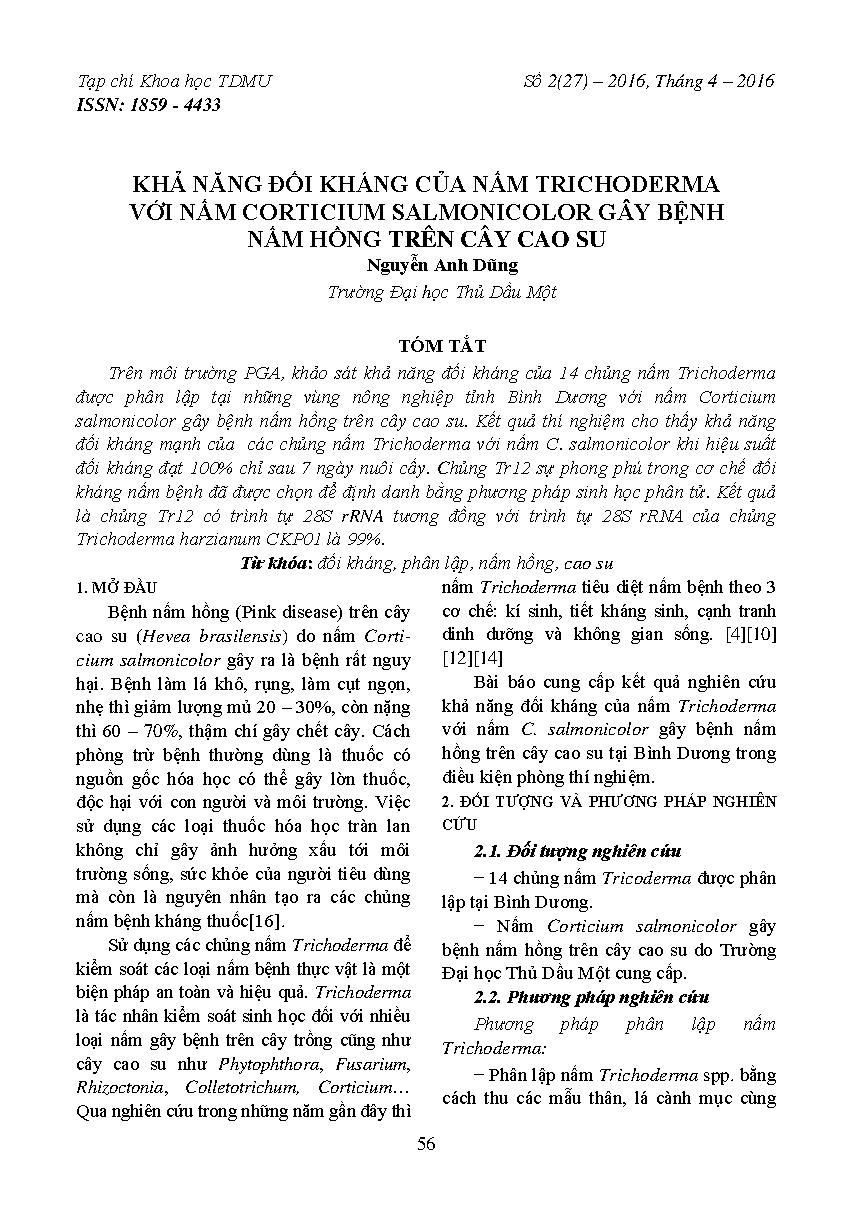 Khả năng đối kháng của nấm Trichodermar với nấm corticium salmonicolor gây bệnh nấm hồng trên cây cao su