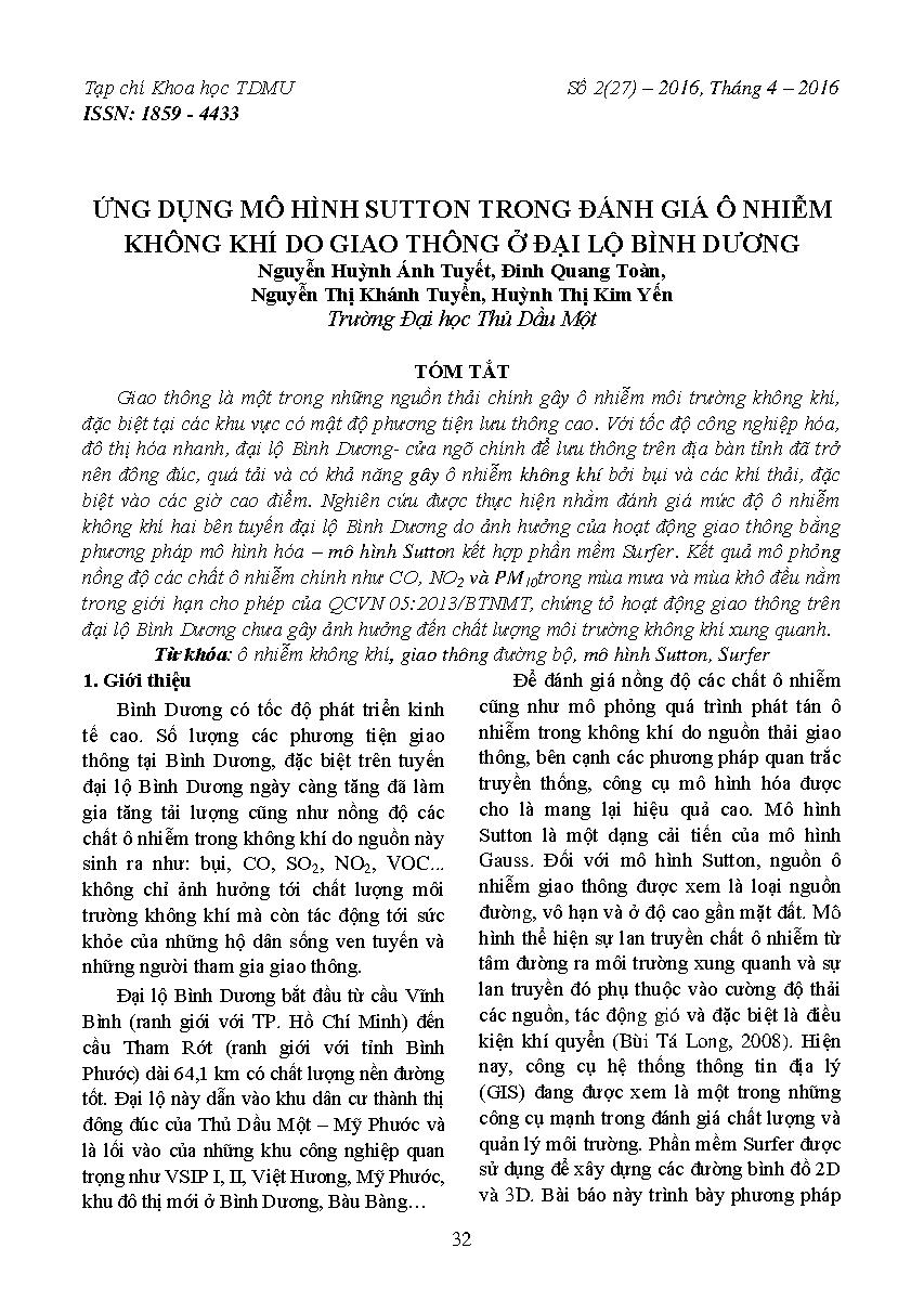 Ứng dụng mô hình sutton trong đánh giá ô nhiễm không khí do giao thông ở đại lộ Bình Dương